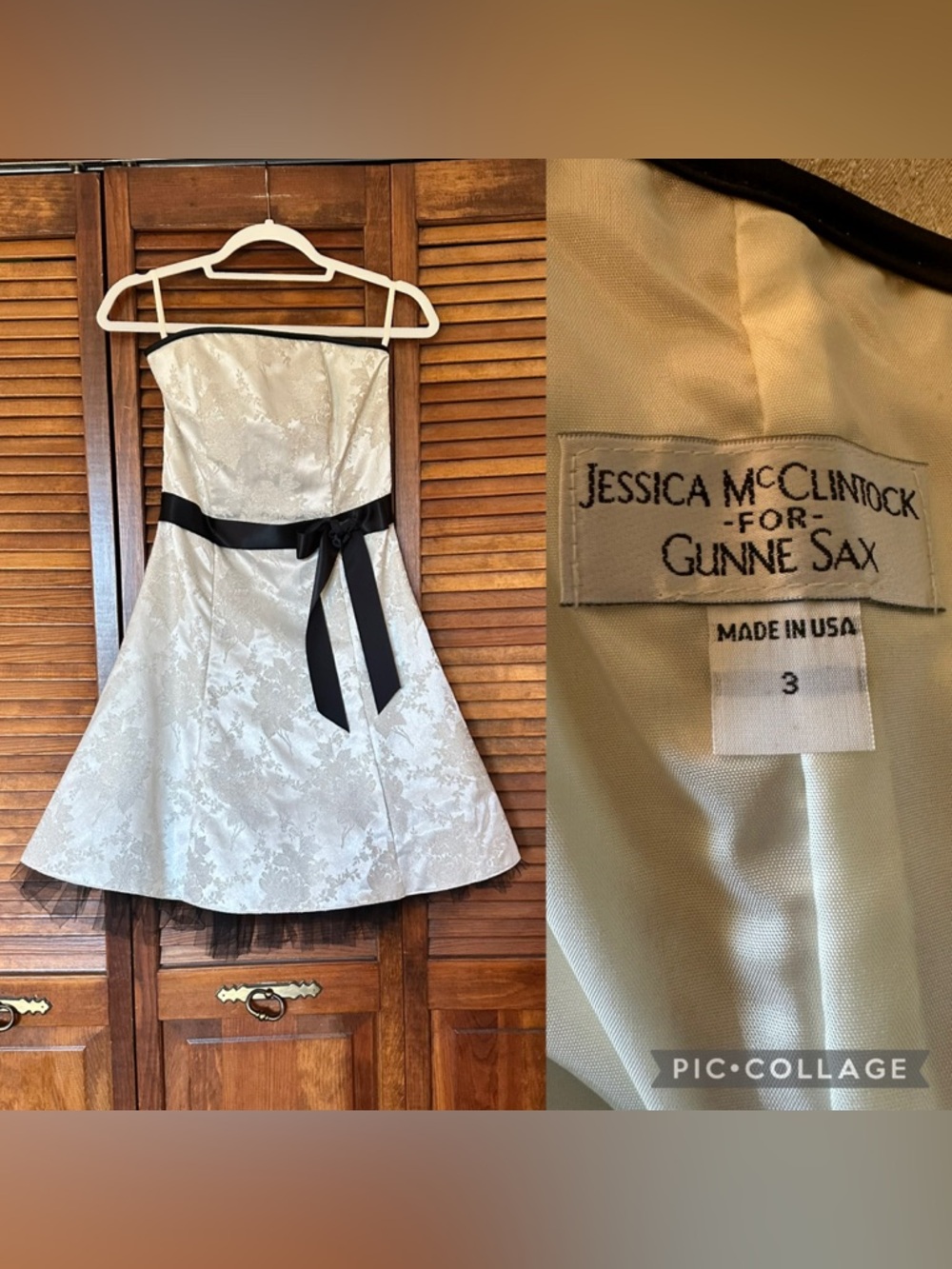 Jessica McClintock for Gunne Sax ivory with gold shimmer strapless party dress
